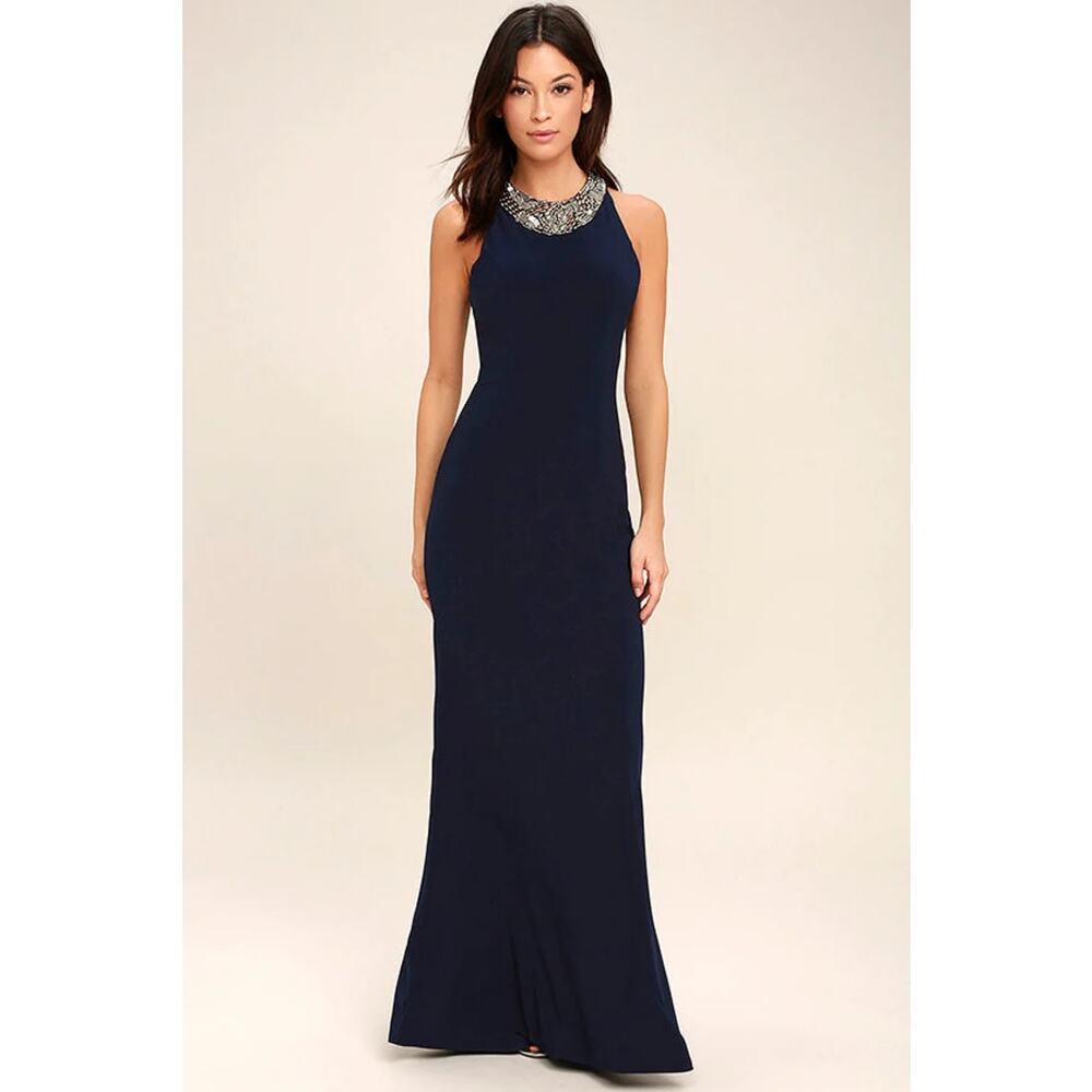 Lulus Pledging My Love Navy Blue Beaded Maxi Dress Womens Large Formal Gown Zip